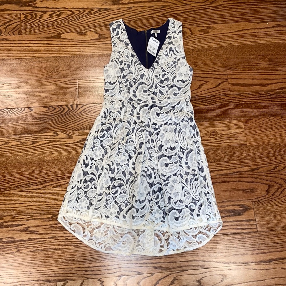 White Lace Dress with Navy Underlay